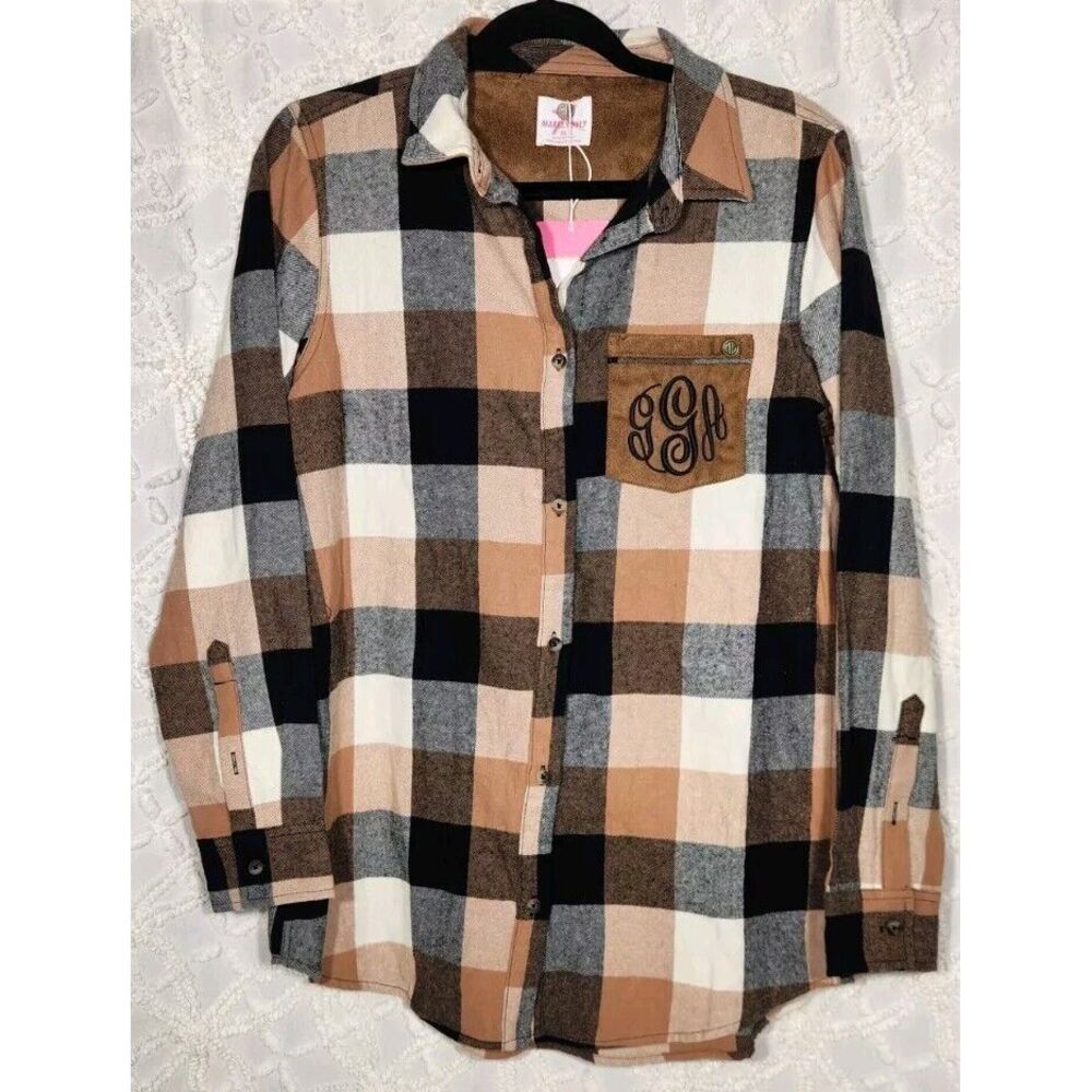 Marley Lilly Button Up Womens M Flannel Shacket Black White‎ Brown Plaid Western